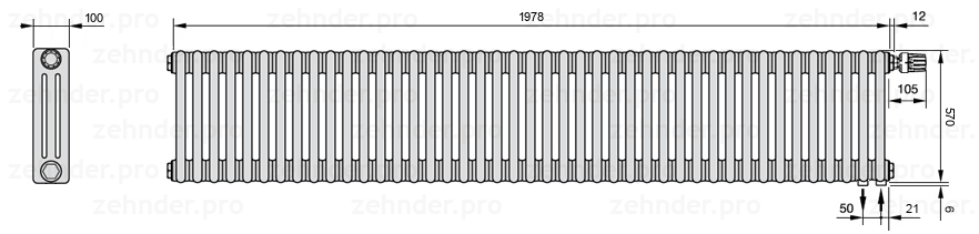 Схема (чертеж) Радиатор Zehnder Charleston 3057/43 №V002 Technoline TL